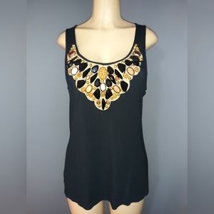BOSTON PROPER BLACK SLEEVELESS TOP W/ EMBELLISHED NECKLINE SZ LG